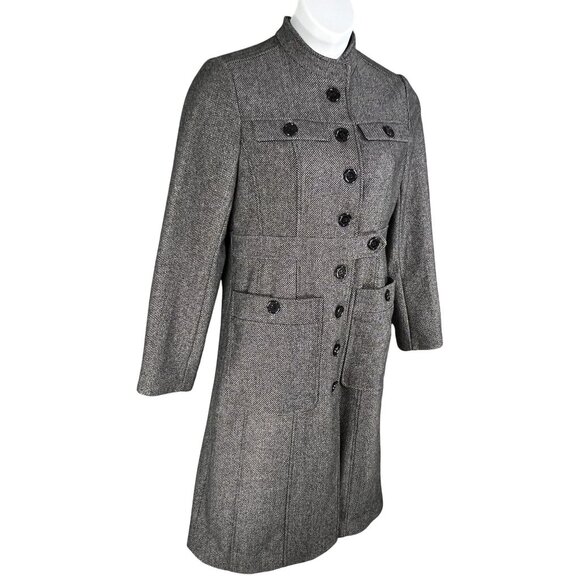 High Style Womens M Wool Gray Military Inspired Herringbone Tweed Coat Old Money - Picture 6 of 16